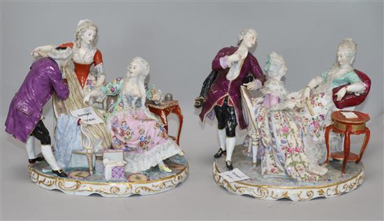 A German porcelain conversation group of three elegant figures and one other similar (cracked)	
